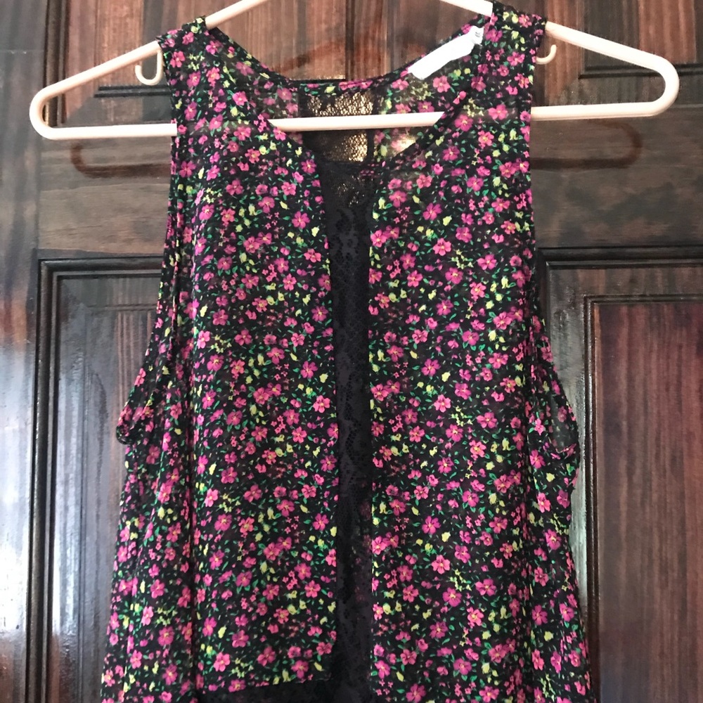 Black and floral semi see through top